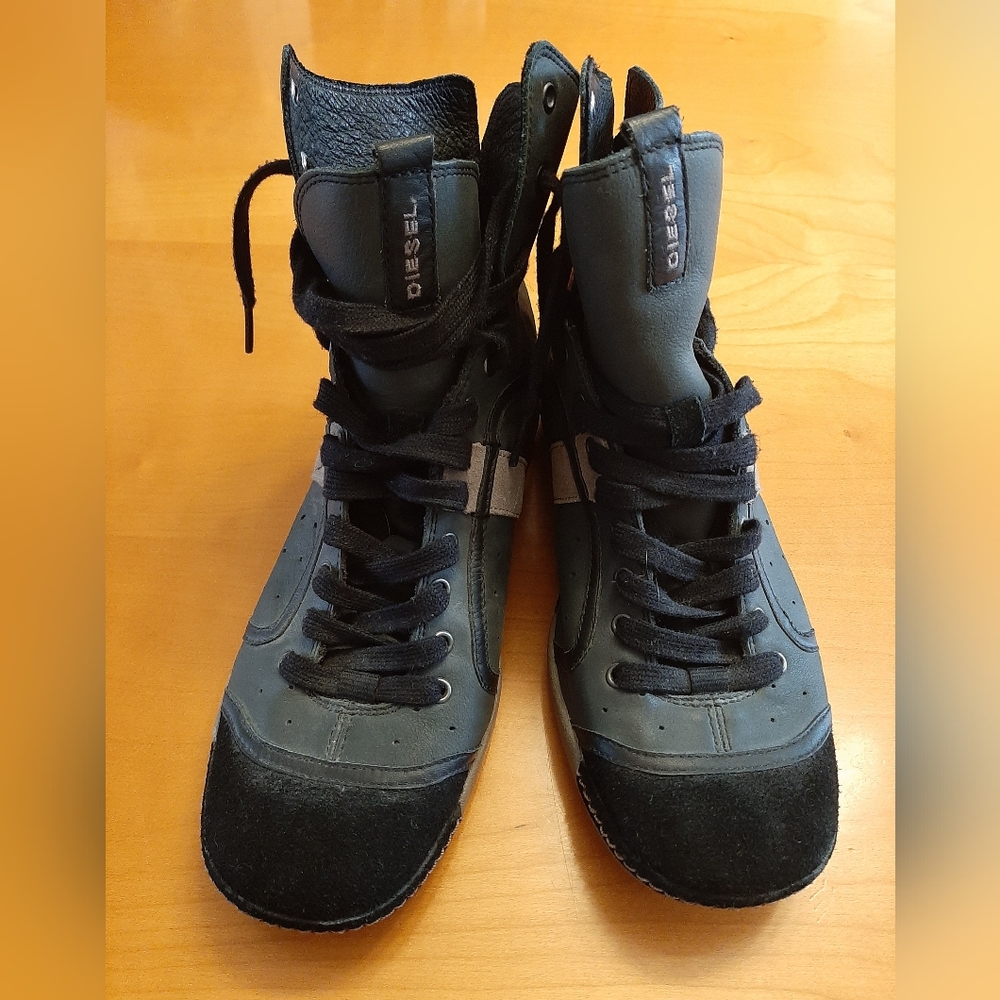 New Diesel Leather Gray and Black High-Top Sneakers